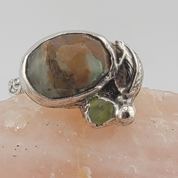 PERUVIAN OPAL & CRYSTAL LEAF RING HANDMADE IN STERLING SILVER METAL 5 - Picture 5 of 7